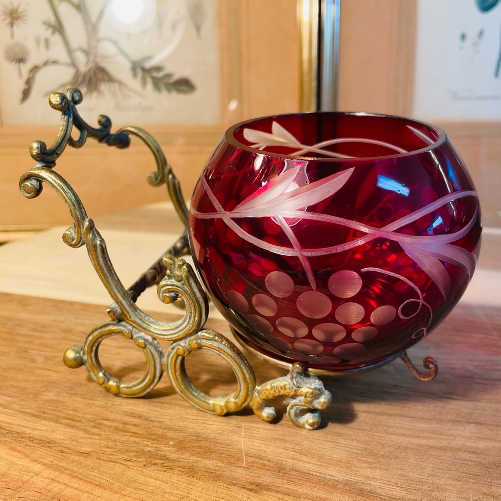 Vintage Crystal Votive Bohemian Czech Glass Cranberry Cut to Clear with Stand